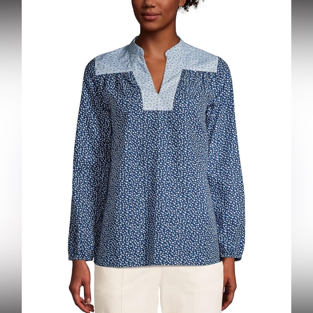 NWOT Lands' End Womens Poplin Peasant Shirt Deep Sea Navy Dot Star